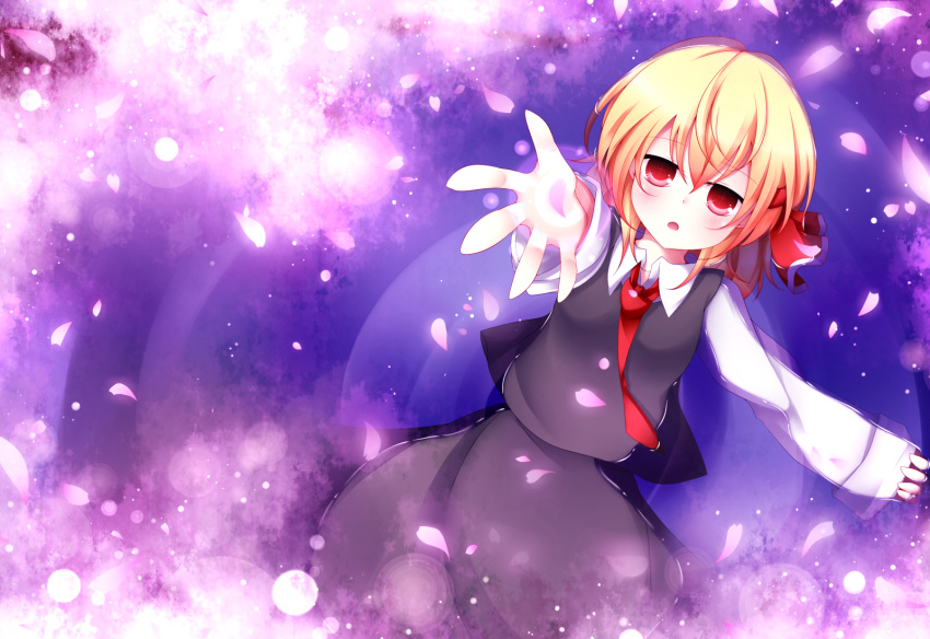 1girl dress_shirt hair_ribbon highres kuroyume_(dark495) necktie open_mouth outstretched_arms petals ribbon rumia shirt short_hair skirt skirt_set solo symbol-shaped_pupils touhou