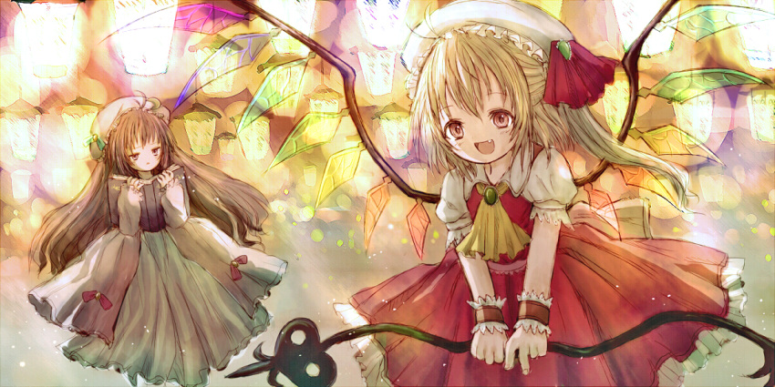 2girls ascot blonde_hair book brooch brown_hair crescent dress fang flandre_scarlet gradient gradient_background hat hat_ribbon jewelry kioa_(yamabuki-yellow) laevatein lamp long_hair looking_at_another looking_at_viewer mob_cap multiple_girls open_mouth patchouli_knowledge puffy_short_sleeves puffy_sleeves red_eyes ribbon robe short_hair short_sleeves side_ponytail skirt skirt_set sleeves_past_wrists touhou very_long_hair violet_eyes wings wrist_cuffs