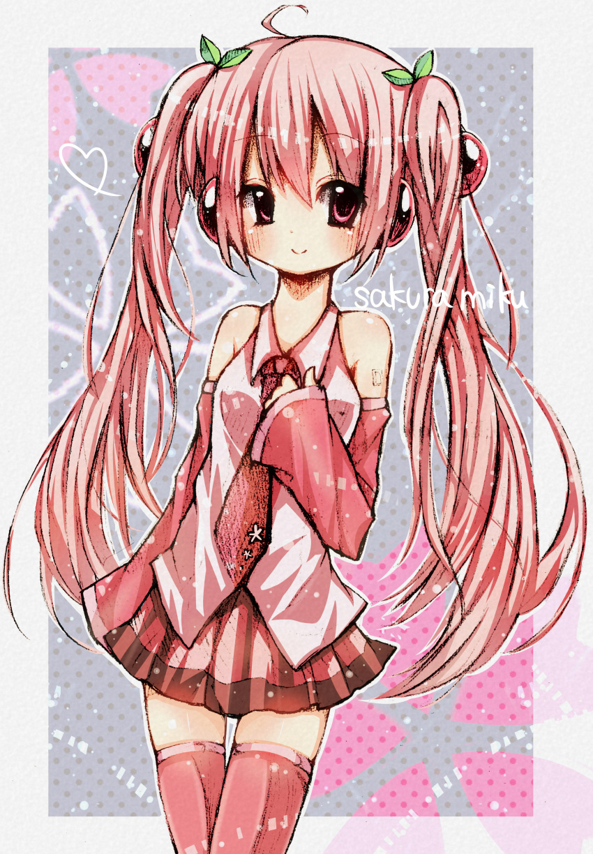 1girl absurdres ahoge character_name cherry detached_sleeves food fruit hand_on_own_chest hatsune_miku highres long_hair necktie necrop pink_eyes pink_hair sakura_miku skirt sleeves_past_wrists smile solo thigh-highs twintails very_long_hair vocaloid