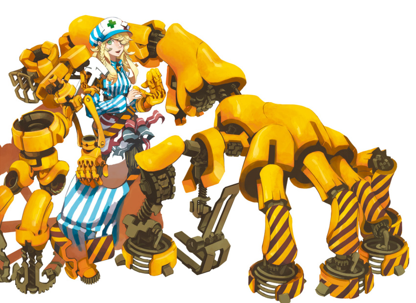 braid dress gloves green_eyes hair_over_one_eye hands hat mecha mecha_musume migikiki original sitting solo striped