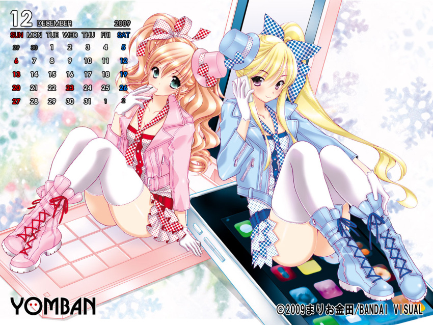 blonde_hair boots bow calendar cellphone december dress green_eyes hair_bow hair_ribbon hat iphone jacket long_hair mario_kaneda mini_top_hat original phone pink_eyes ponytail red_hair redhead ribbon thigh-highs thighhighs top_hat yomban zettai_ryouiki