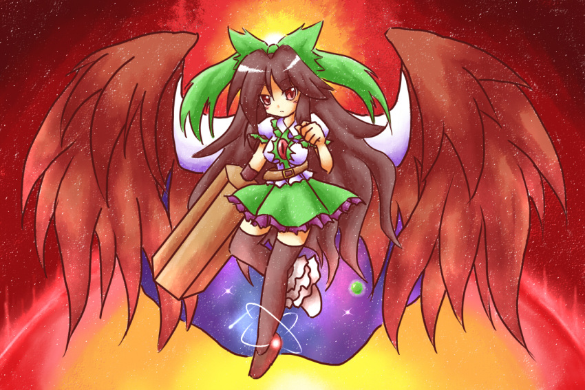 brown_hair cape hair_bow hair_ribbon long_hair red_eyes reiuji_utsuho ribbon thigh-highs thighhighs tilde_(ice_cube) touhou wings