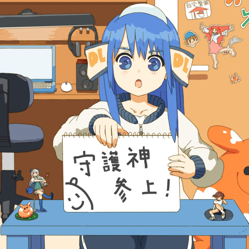 blue_eyes blue_hair brown_hair chair computer computer_mouse dlsite.com_15_year_anniversary_contest figure gym_uniform hauri headphones highres laptop open_mouth short_twintails sign speaker translation_request twintails