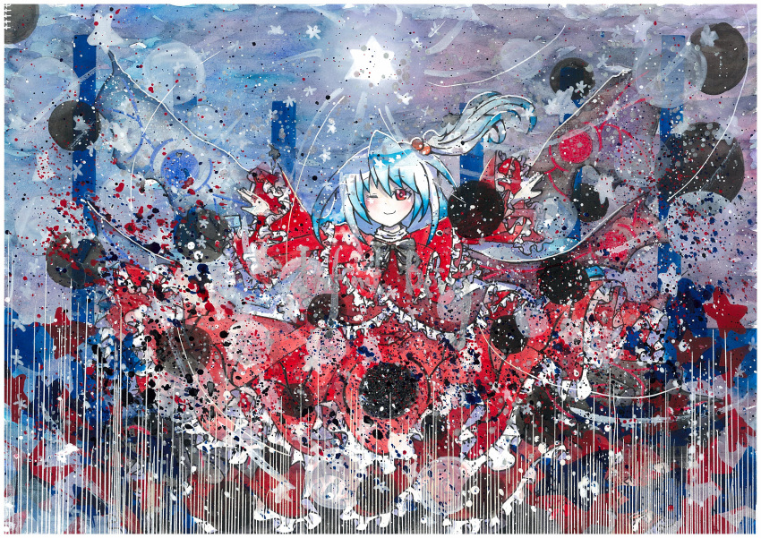 1girl absurdres blush dress hair_bobbles hair_ornament highres kill-takane red_eyes shinki side_ponytail silver_hair smile solo star touhou traditional_media wings wink