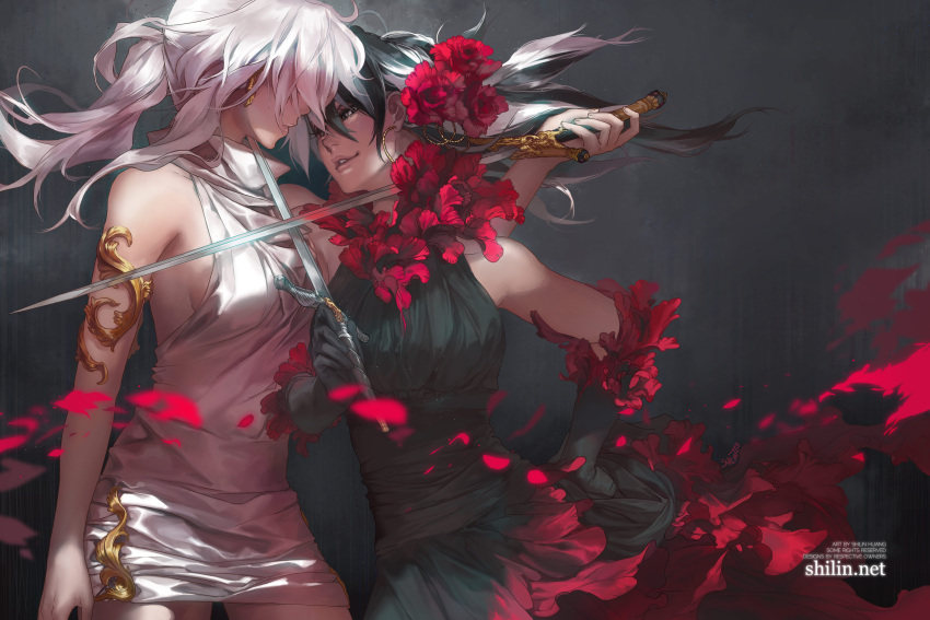 2girls armlet artist_name black_eyes black_gloves black_hair blackbird breasts carciphona elbow_gloves face-to-face flower gloves hair_flower hair_ornament hair_over_eyes hand_on_hip highres lips long_hair mexican_standoff multiple_girls parted_lips ponytail reverse_grip ruff shilin sideboob silver_hair simple_background smile smirk sword veloce_visrin watermark weapon web_address