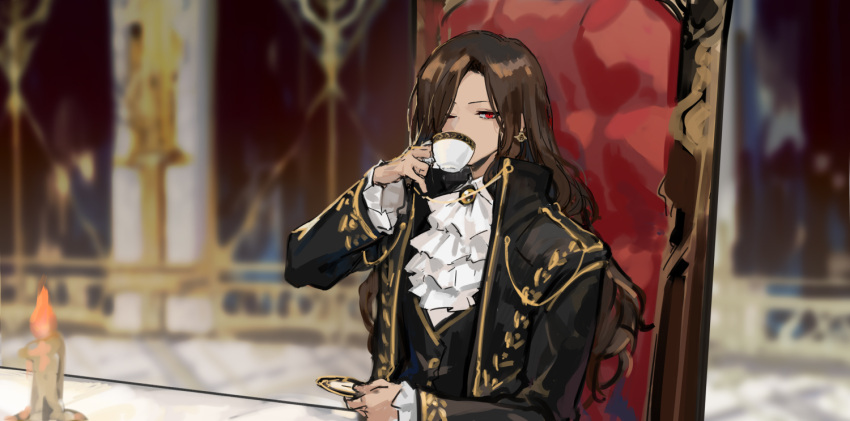 1girl ascot brown_hair chair cup dias_(the_distortion_detective) frilled_ascot frills holding holding_cup holding_pocket_watch long_hair long_sleeves nishikujic pocket_watch sipping sitting solo suit_jacket teacup the_distortion_detective vest watch white_neckwear
