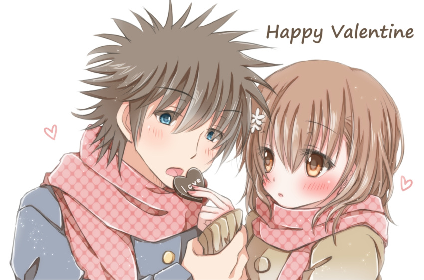 1boy 1girl blush brown_hair chocolate couple heart hetero hiro_(hirohiro31) kamijou_touma misaka_mikoto open_mouth scarf short_hair simple_background to_aru_majutsu_no_index valentine white_background