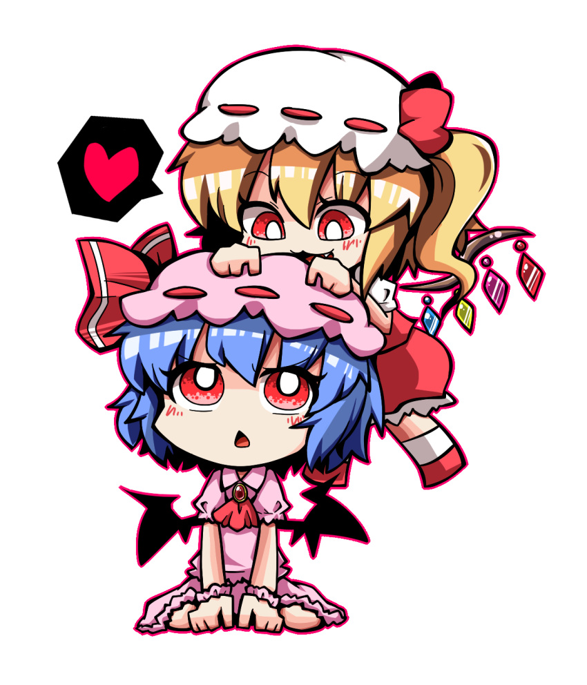 2girls blonde_hair blue_hair brooch chestnut_mouth dress fang flandre_scarlet hands_on_another's_head heart highres jewelry jiro-min juliet_sleeves long_sleeves multiple_girls puffy_sleeves red_eyes remilia_scarlet siblings side_ponytail sisters sitting spoken_heart touhou wariza wings