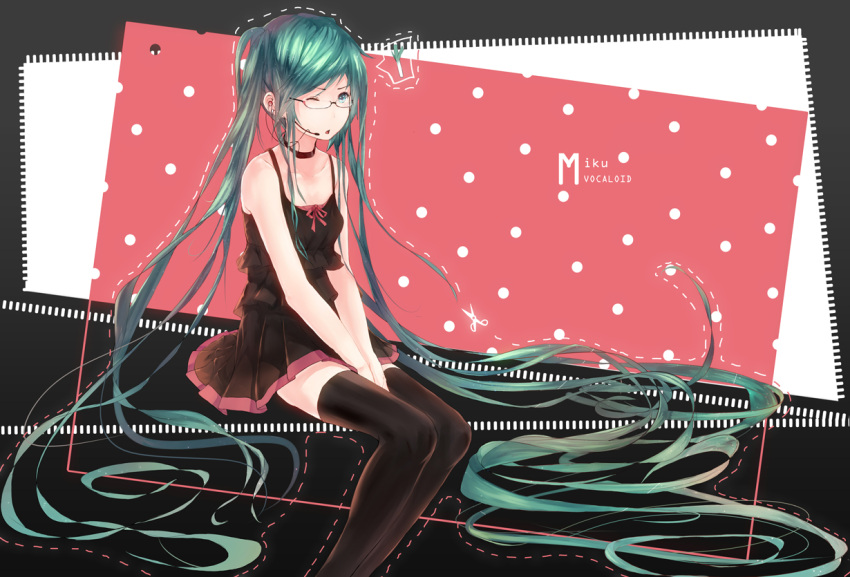 1girl bespectacled character_name choker dress earphones earphones glasses green_eyes green_hair hadean92 hatsune_miku headset long_hair sitting solo spring_onion thigh-highs twintails very_long_hair vocaloid wink