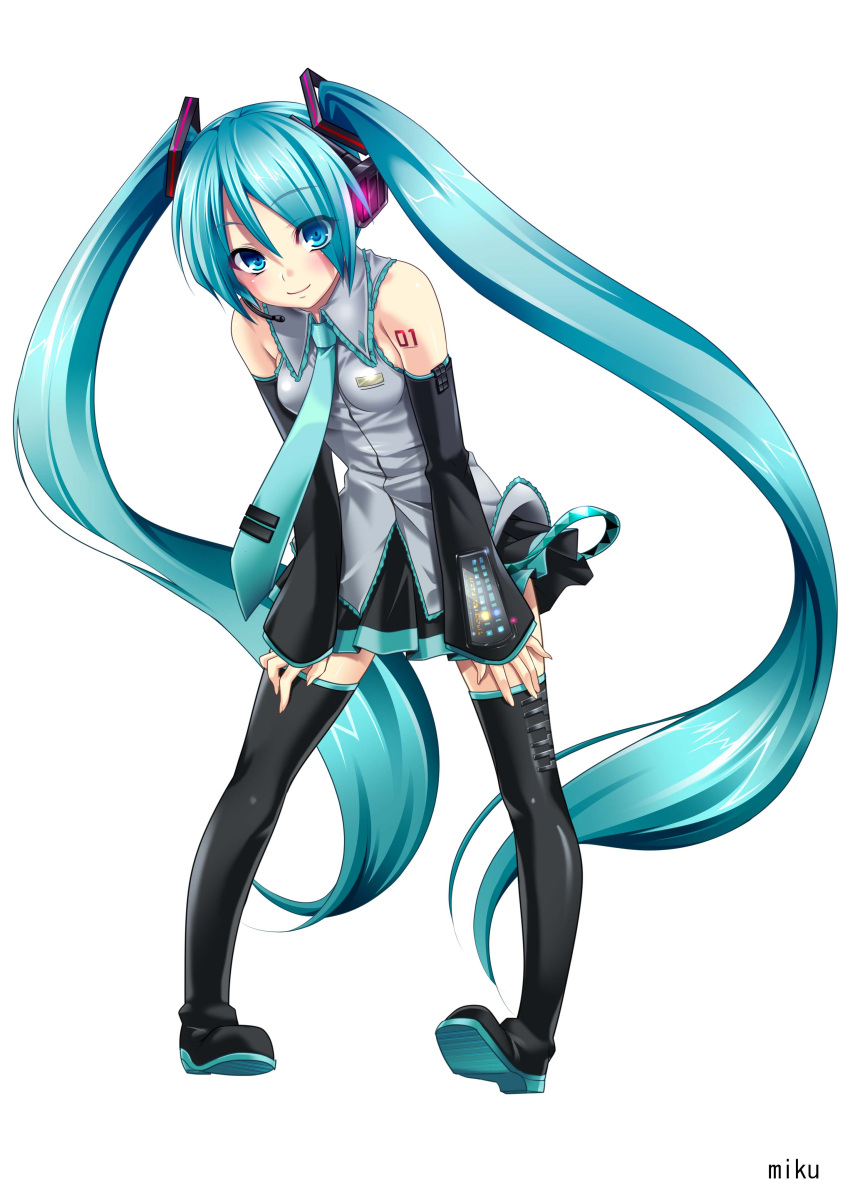1girl absurdres akagi_rio aqua_hair blue_eyes boots detached_sleeves hatsune_miku headset highres long_hair necktie pigeon-toed simple_background skirt smile solo thigh-highs thigh_boots twintails very_long_hair vocaloid white_background