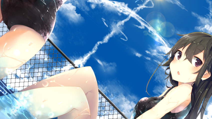 2girls ass black_hair blush brown_eyes clouds dutch_angle fence highres long_hair looking_at_viewer multiple_girls nmaaaaa one-piece_swimsuit open_mouth original pool school_swimsuit sitting sky smoke swimsuit violet_eyes water wet