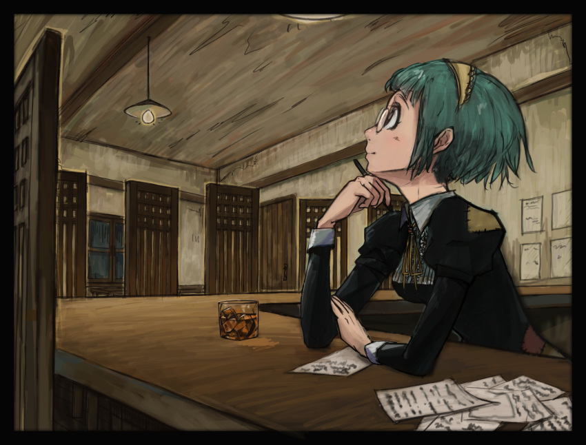1girl brown_eyes chin_rest code-aa drink glass glasses green_hair hairband highres ice idolmaster looking_away otonashi_kotori paper patch pen short_hair sitting solo