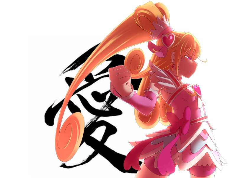 1girl absurdres aida_mana bike_shorts blonde_hair calligraphy clenched_hand cure_heart dokidoki!_precure half_updo highres kanji konbas long_hair pink_eyes ponytail precure profile serious simple_background white_background