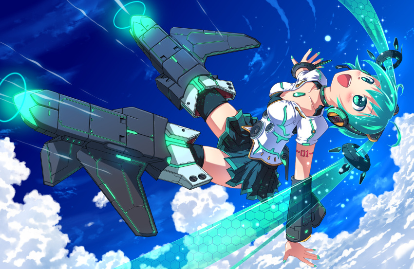 1girl aki_(akisora_hiyori) choker clouds detached_sleeves flying green_eyes green_hair hatsune_miku highres long_hair nail_polish open_mouth outstretched_arms skirt sky solo spread_arms striker_unit thigh-highs twintails very_long_hair vocaloid