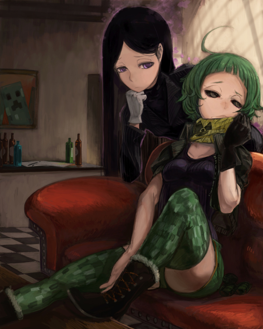 2girls absurdres ahoge black_eyes black_gloves boots bottle breasts chin_rest code-aa couch creeper enderman explosive formal fur_trim gloves grenade highres jacket long_hair looking_away minecraft multiple_girls personification radiation_symbol scarf short_hair shorts sitting suit thigh-highs turtleneck violet_eyes white_gloves