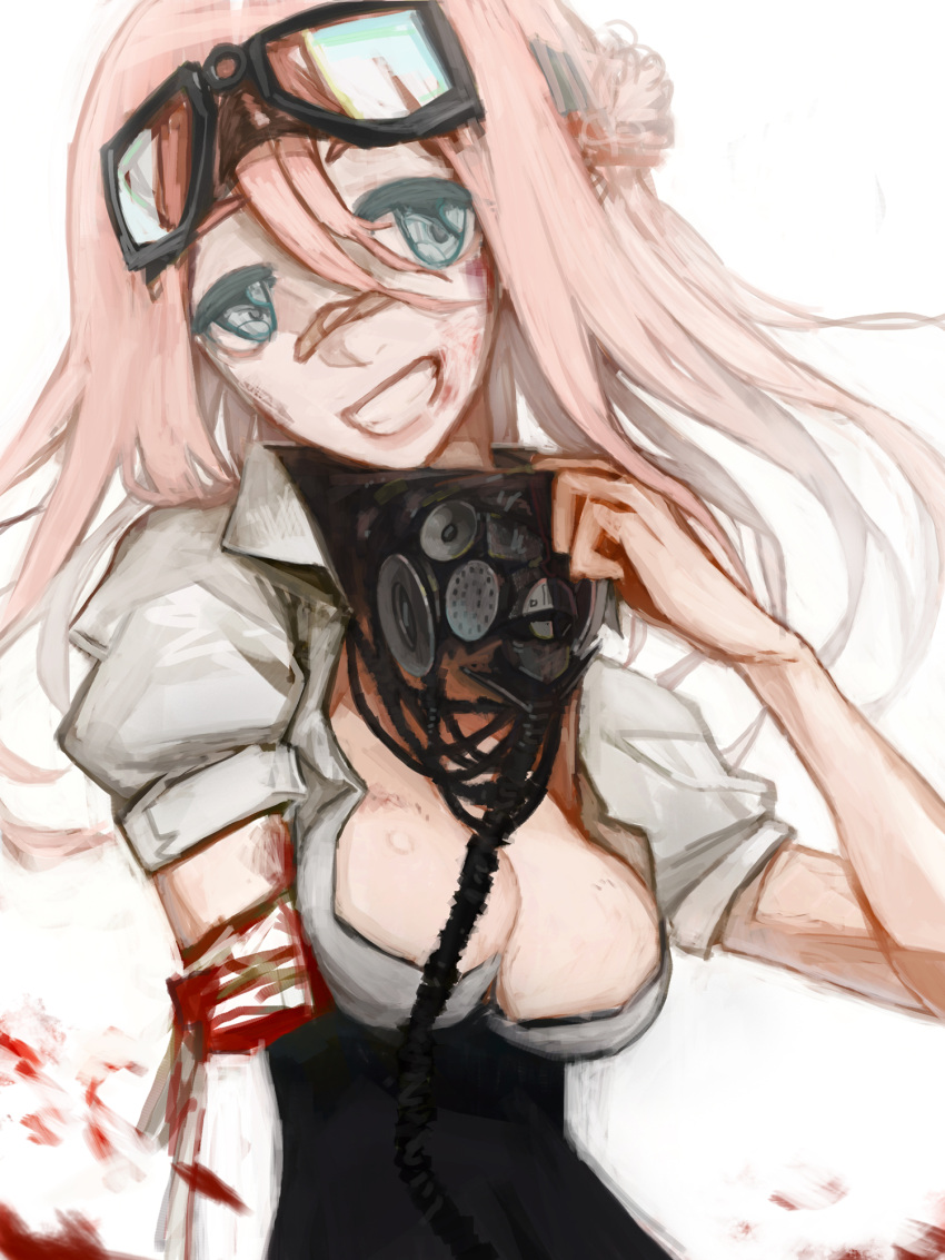 1girl amputee bandages bandaid bandaid_on_nose blood blue_eyes breasts cleavage_cutout gas_mask goggles goggles_on_head grin highres long_hair pink_hair respirator simple_background smile solo takagi white_background