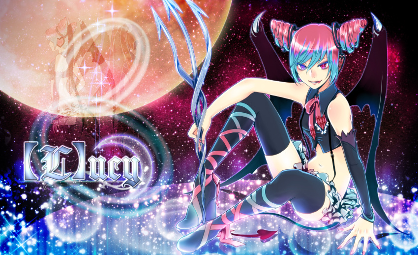 1girl aqua_hair blue_eyes bracelet demon_wings detached_sleeves full_moon hatsune_miku heterochromia high_heels jewelry midriff momopanda moon navel pink_hair red_eyes shoes sitting solo suspenders thigh-highs title_drop tongue vocaloid wings