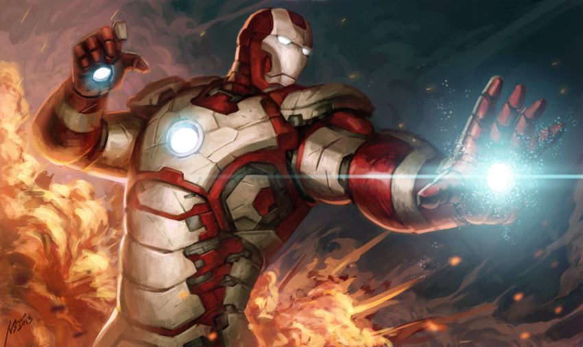 armor battle energy explosion fire firing iron_man ironman marvel mecha power_armor realistic science_fiction smoke