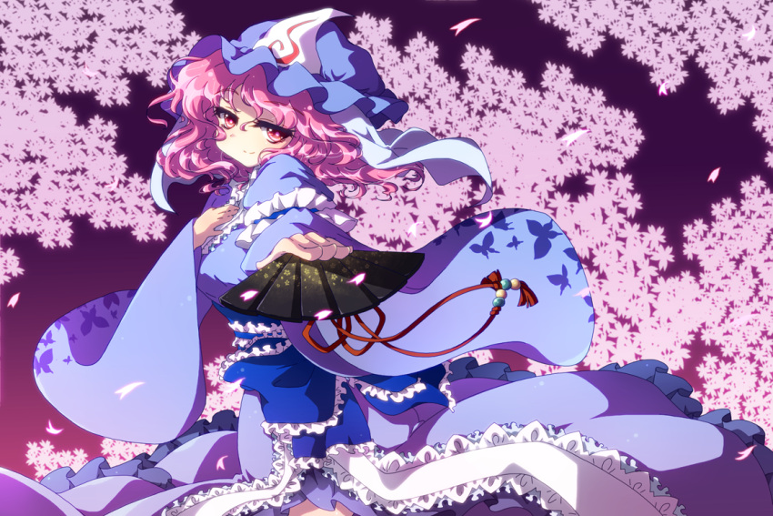 1girl cherry_blossoms dress fan folding_fan frills grin hand_on_own_chest hat japanese_clothes kamome petals pink_eyes pink_hair saigyouji_yuyuko smile solo touhou triangular_headpiece