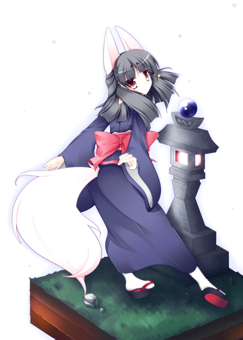 animal_ears black_hair fox_ears fox_tail highres looking_at_viewer looking_back sakurano_asahi simple_background solo summon_night tail white_background