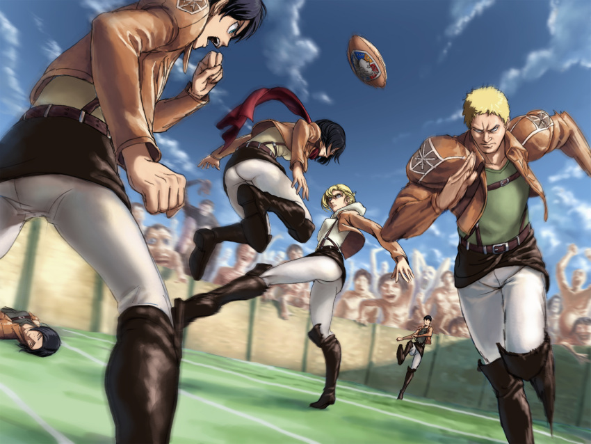 annie_leonhardt belt bertholt_fubar black_hair blonde_hair boots dnlin eren_jaeger football football_(object) freckles giant jacket jumping kicking long_hair lying mikasa_ackerman reiner_braun running scarf shingeki_no_kyojin short_hair thigh_strap ymir_(shingeki_no_kyojin)