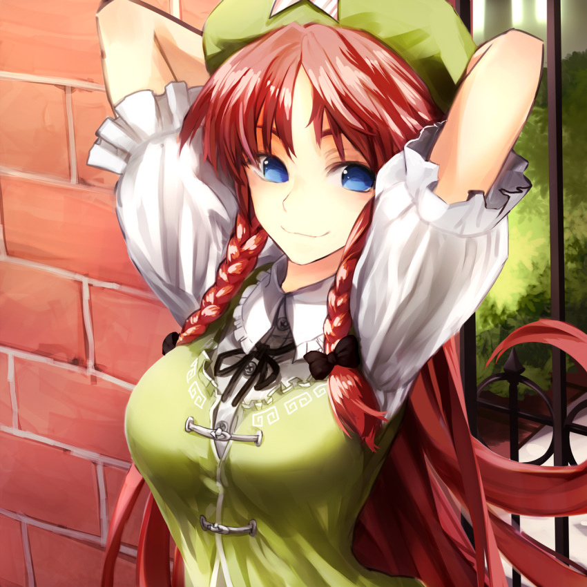 1girl arms_up blue_eyes bow braid breasts brick_wall chirigami-san hair_bow hat highres hong_meiling long_hair looking_at_viewer redhead smile solo touhou twin_braids