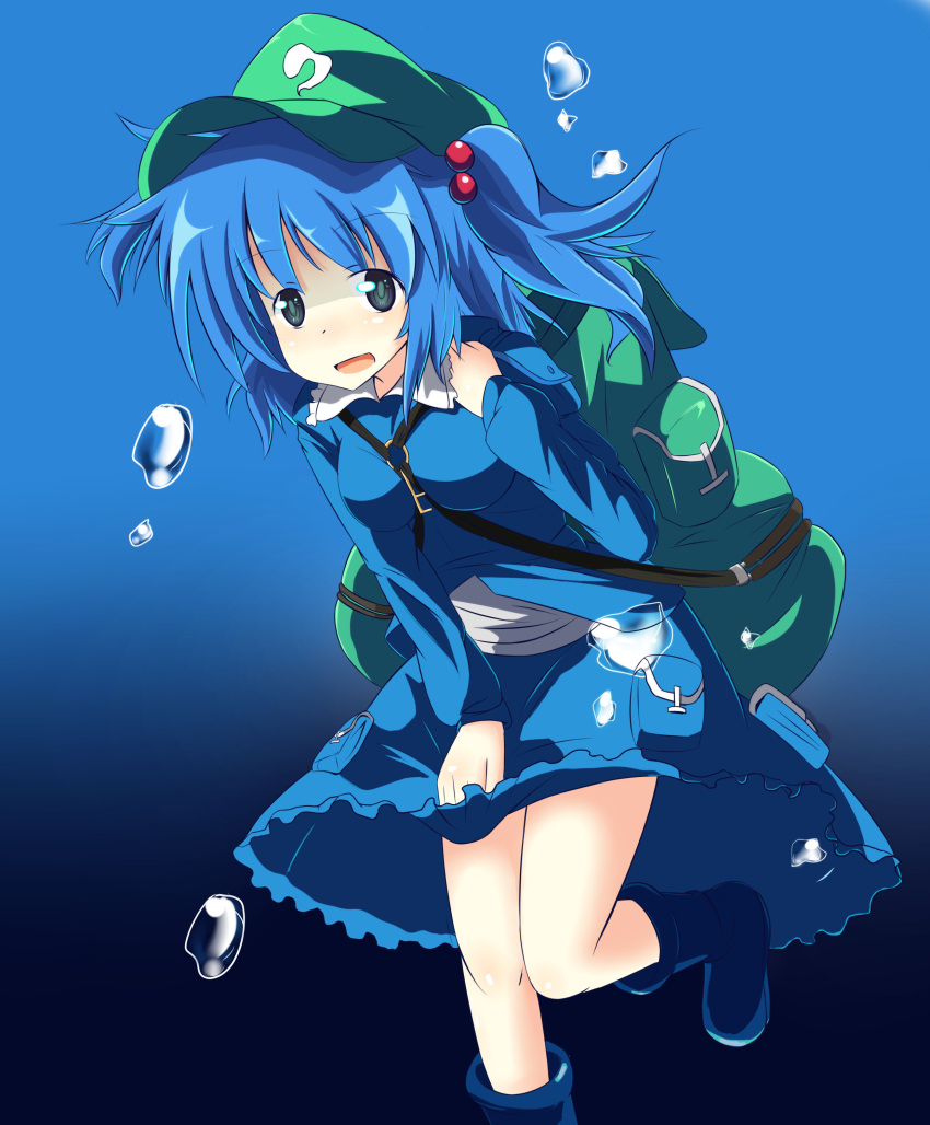 1girl absurdres backpack bag blue_background blue_eyes blue_hair blush boots bubble hair_bobbles hair_ornament hat highres kawashiro_nitori key open_mouth short_hair skirt smile solo touhou twintails