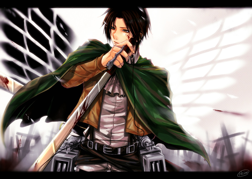 1boy black_hair cape jacket rivaille shingeki_no_kyojin solo thigh_strap wings zenith00