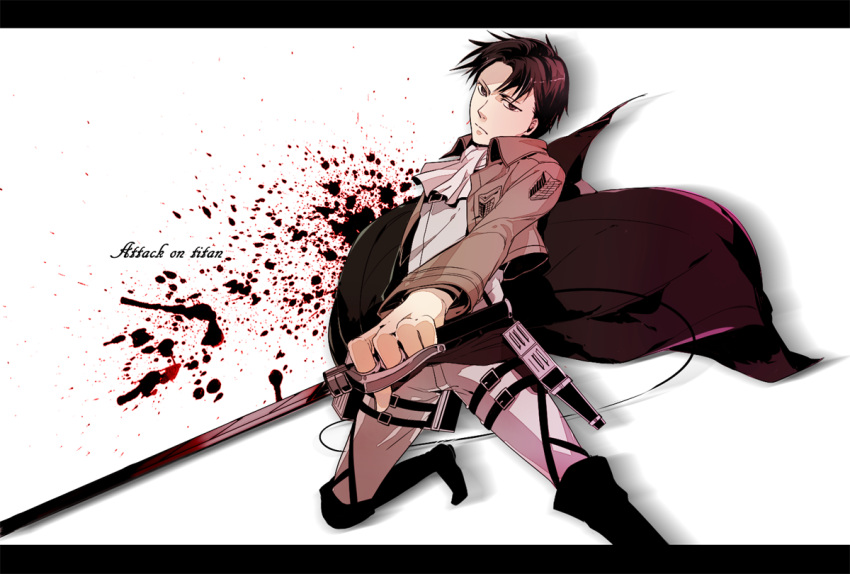 1boy ascot black_hair blood boots cape dual_wielding jacket kinw rivaille shingeki_no_kyojin solo sword thigh_strap title_drop weapon