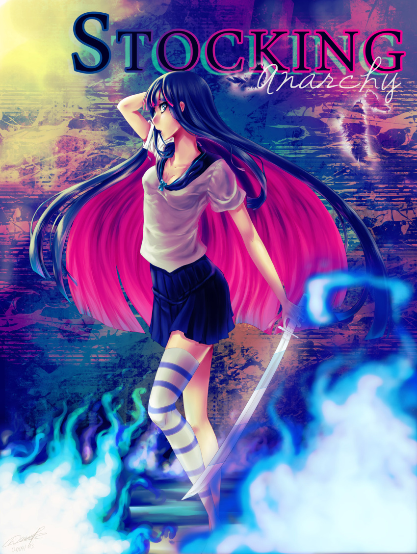 1girl 2013 arm_up blue_hair character_name dariap_(mikkie) dated fire highres long_hair panty_&amp;_stocking_with_garterbelt pink_hair pleated_skirt profile signature single_thighhigh skirt solo stocking_(psg) striped striped_legwear sword thigh-highs very_long_hair weapon