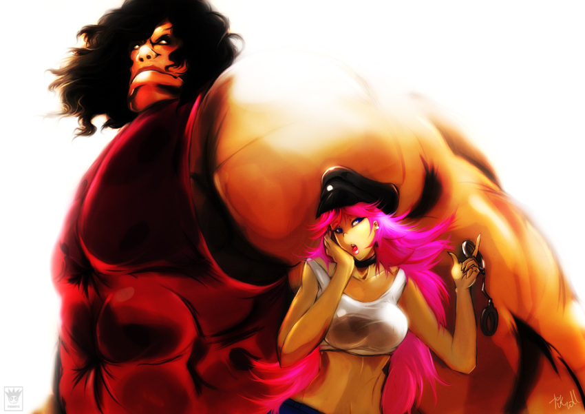 1boy 1girl black_hair blue_eyes breasts choker crop_top cuffs curly_hair final_fight hand_in_hair handcuffs hat height_difference highres hugo_andore large_breasts long_hair muscle no_pupils peaked_cap pink_hair poison_(final_fight) signature size_difference street_fighter street_fighter_iii street_fighter_x_tekken tank_top tikantz