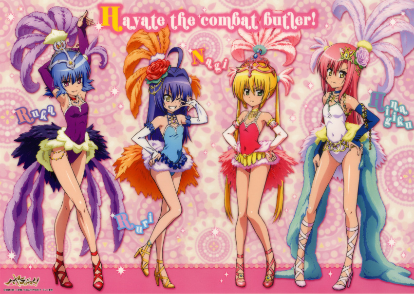 4girls absurdres bridal_gauntlets feathers hayate_no_gotoku! highres katsura_hinagiku leotard multiple_girls official_art sanzen'in_nagi showgirl suirenji_ruka tsugumi_ruri