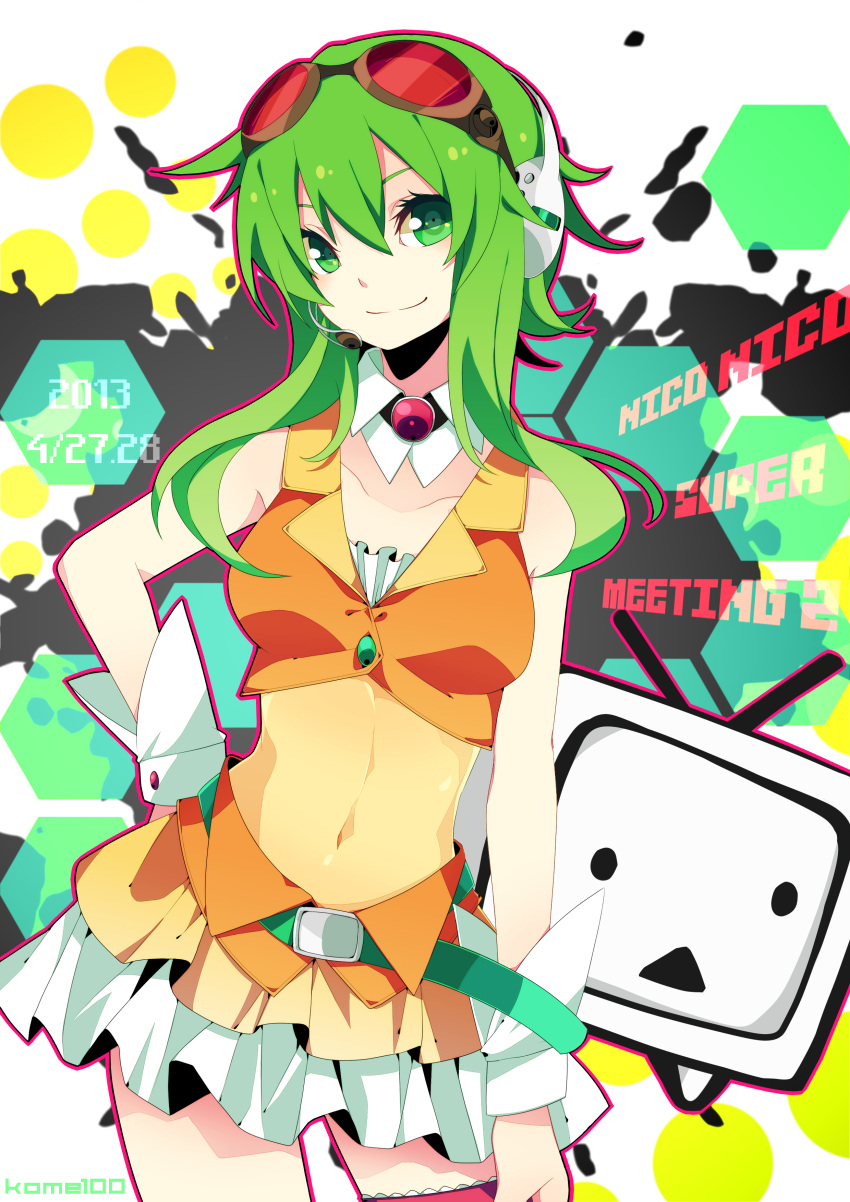 1girl 2013 :&lt; absurdres artist_name belt dated english goggles green_eyes green_hair gumi hand_on_hip headphones headset highres looking_at_viewer merlusa navel nico_nico_douga short_hair skirt smile tagme vocaloid