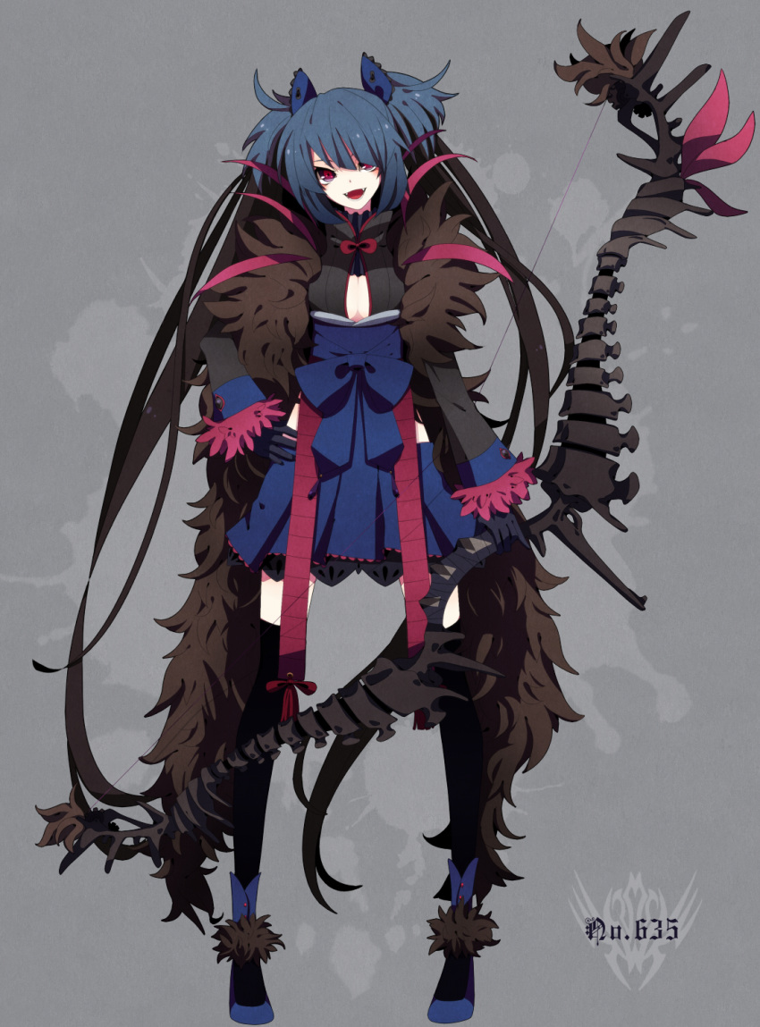 1girl black_eyes black_hair blue_hair bow_(weapon) center_opening fangs gloves hair_over_one_eye hand_on_hip highres hydreigon long_hair looking_at_viewer merlusa multicolored_hair open_mouth personification pigeon-toed pinky_out pokemon red_eyes smile solo standing tagme thigh-highs twintails two-tone_hair very_long_hair weapon zettai_ryouiki