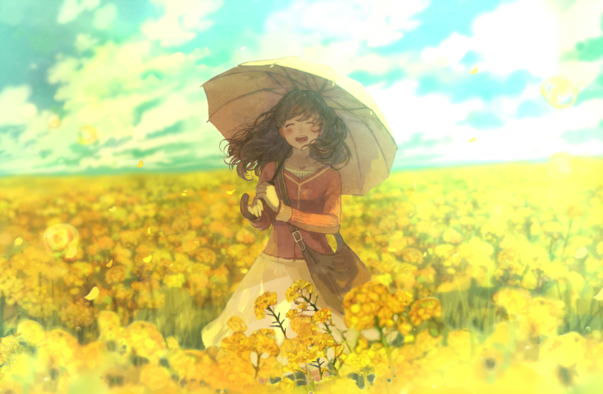 1girl :d ^_^ bag blurry blush brown_hair bubble closed_eyes clouds depth_of_field field flower flower_field happy holding marigold open_mouth original parasol pon_(cielo) revision shade skirt sky smile solo teeth umbrella water_drop wind yellow