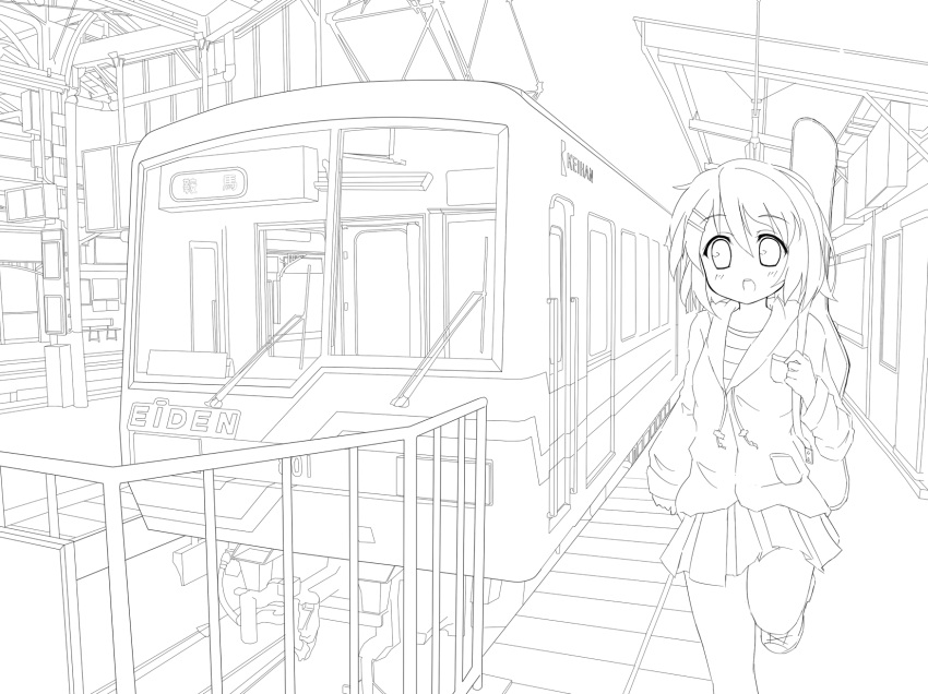 1girl guitar_case highres hirasawa_yui hoodie instrument_case k-on! karaage3 kyoto lineart monochrome open_mouth real_world_location running short_hair solo train train_station