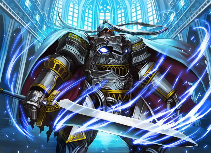 armor breastplate cape full_armor gauntlets greaves helmet highres knight nkmr8 pauldrons pixiv_fantasia pixiv_fantasia_new_world solo sword weapon