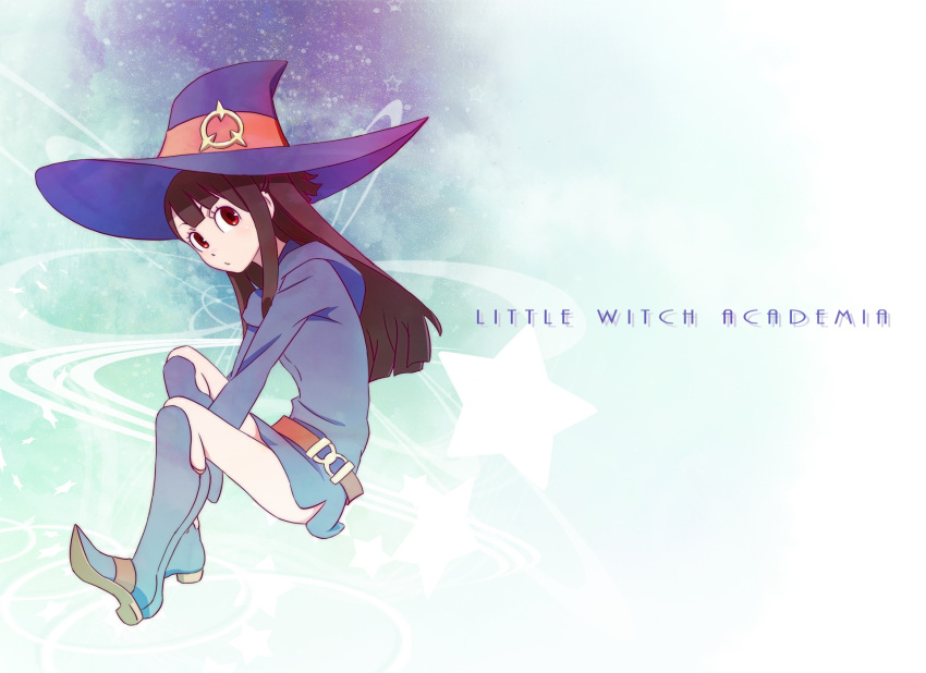 1girl akko_kagari belt boots brown_hair hat highres little_witch_academia long_hair looking_at_viewer piroaki red_eyes sitting star title_drop witch_hat