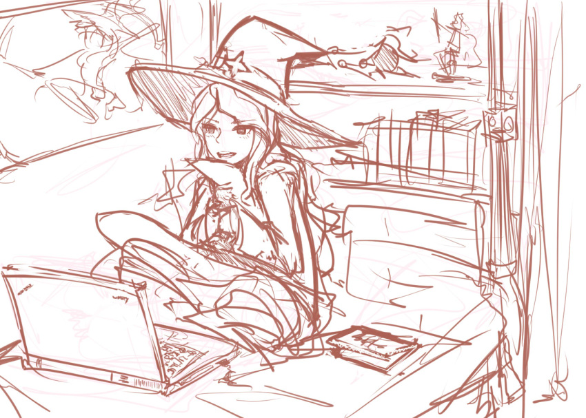 1girl akko_kagari computer hat laptop little_witch_academia monochrome on_bed pan!ies sitting sketch solo witch witch_hat