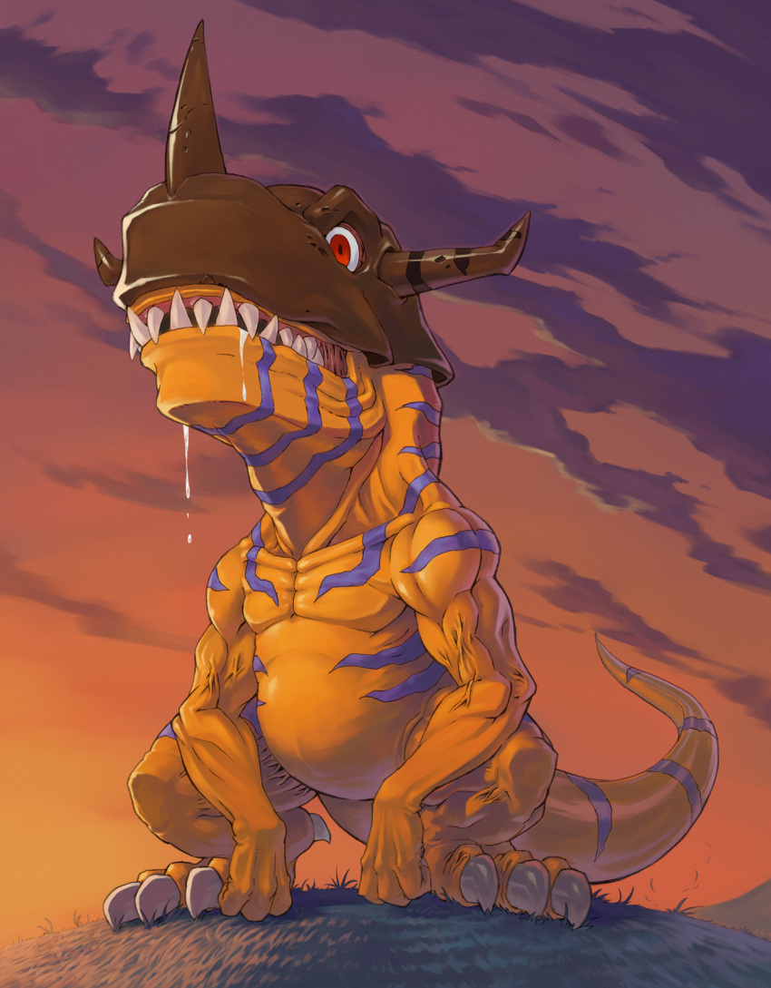 claws clouds digimon digimon_adventure greymon highres hill horns kazkazkaz monster no_humans red_eyes saliva sharp_teeth sky solo sunset tail veins