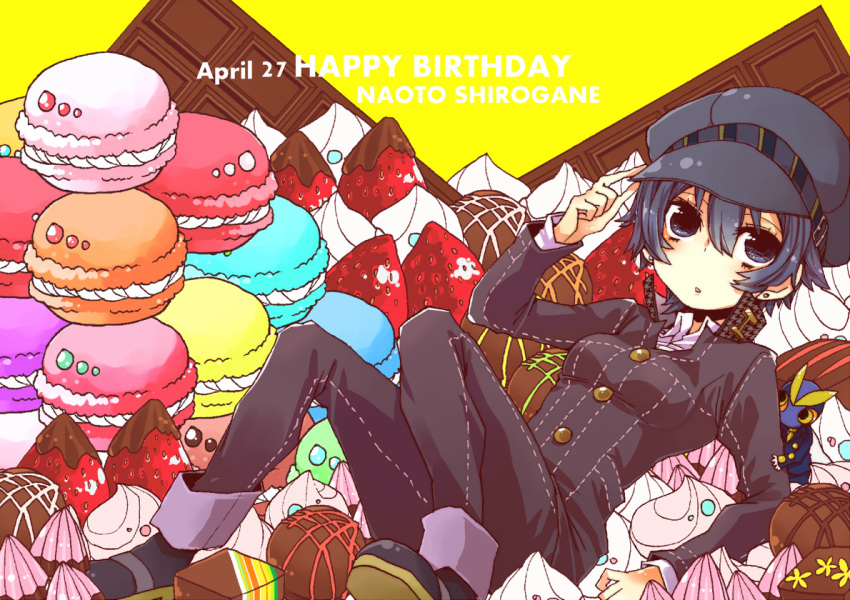 1girl birthday blue_eyes blue_hair cabbie_hat candy food happy_birthday hat pastry persona persona_4 sayu030b school_uniform shirogane_naoto short_hair solo sukuna_hikona sweets