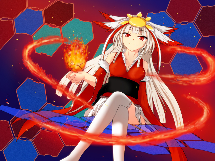 1girl bare_shoulders beatmania beatmania_iidx fire gamachi hair_ornament houou_rinka looking_at_viewer red_eyes skirt solo white_hair