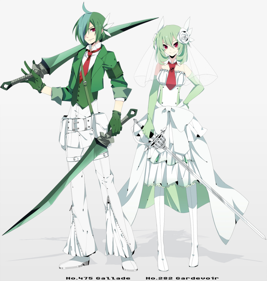 1boy 1girl armband bare_shoulders belt breasts character_name dual-wielding dual_wielding elbow_gloves flower gallade gardevoir gloves green_hair hair_flower hair_ornament hair_over_one_eye hand_on_hip highres large_breasts looking_at_viewer multicolored_hair necktie personification pigeon-toed pokemon rapier red_eyes rose shadow short_hair smile standing sword tagme two-tone_hair veil weapon white_rose zipper