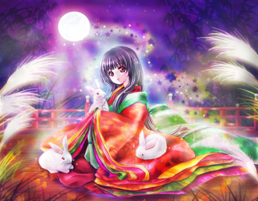 1girl bamboo black_hair embellished_costume full_moon grass hands_in_sleeves head_tilt houraisan_kaguya leaf light_particles light_trail lips long_hair looking_at_viewer moon night night_sky outdoors parted_lips rabbit railing red_eyes robe sky solo star touhou tsukiori_sasa very_long_hair wooden_floor