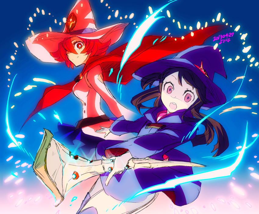 2girls akko_kagari brown_hair cape dated dress fireworks hat little_witch_academia looking_at_viewer multiple_girls open_mouth pink_eyes red_eyes redhead shiny_chariot signature smile staff witch witch_hat yoisho_(hami)