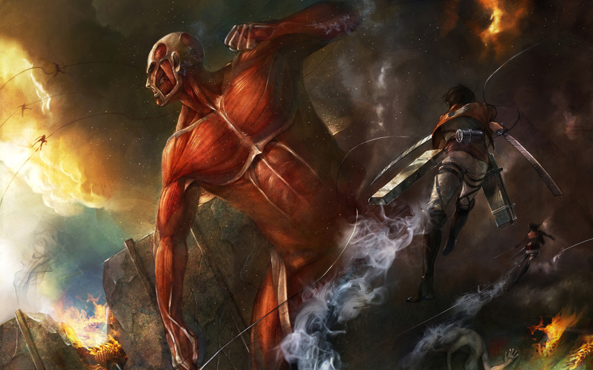 2boys epic fighting fire from_behind giant highres multiple_boys rope shingeki_no_kyojin smoke sword tights_(artist) wall weapon
