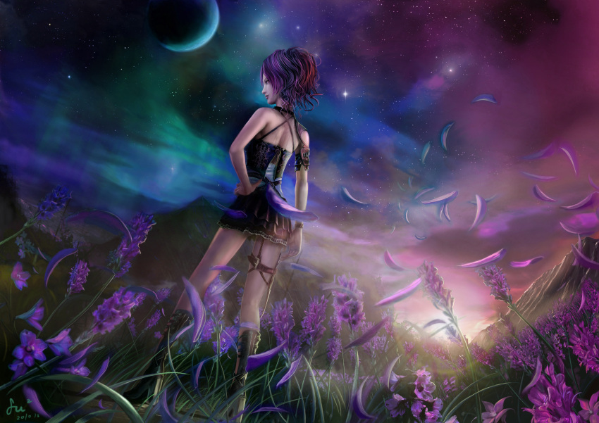 1girl absurdres armor armored_dress aurora boots flower from_behind fufu highres landscape lavender looking_at_viewer looking_back miniskirt moon mountain night night_sky original petals purple_hair red_eyes scenery skirt sky smile solo star star_(sky) starry_sky thigh_strap