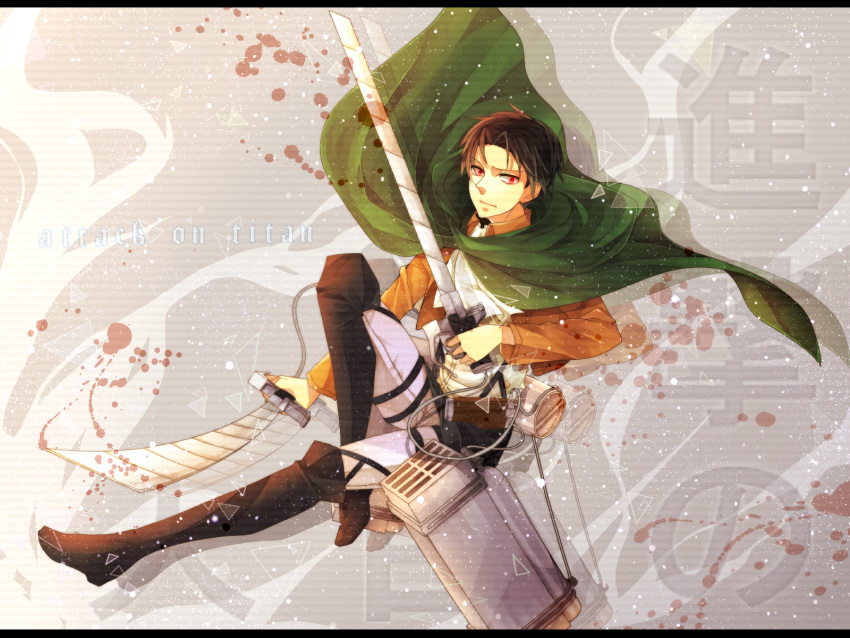 1boy ascot belt black_hair boots cape dual_wielding glowing glowing_eyes highres jacket red_eyes rivaille shingeki_no_kyojin solo sword thigh_strap u_to4410 weapon wire