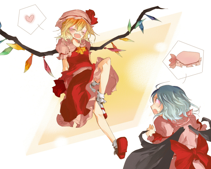 2girls ahoge arms_behind_back ascot bat_wings blonde_hair bloomers blue_hair bobby_socks bow clenched_hand closed_eyes dress fang flandre_scarlet flying from_behind gradient gradient_background hat hat_removed hat_ribbon headwear_removed heart highres holding holding_hat looking_at_another mary_janes mob_cap multiple_girls open_mouth red_eyes remilia_scarlet ribbon shoes short_hair short_sleeves siblings simple_background sisters skirt skirt_set socks speech_bubble spoken_heart spoken_object touhou tsukonbu_(t_kanta) underwear white_background wings