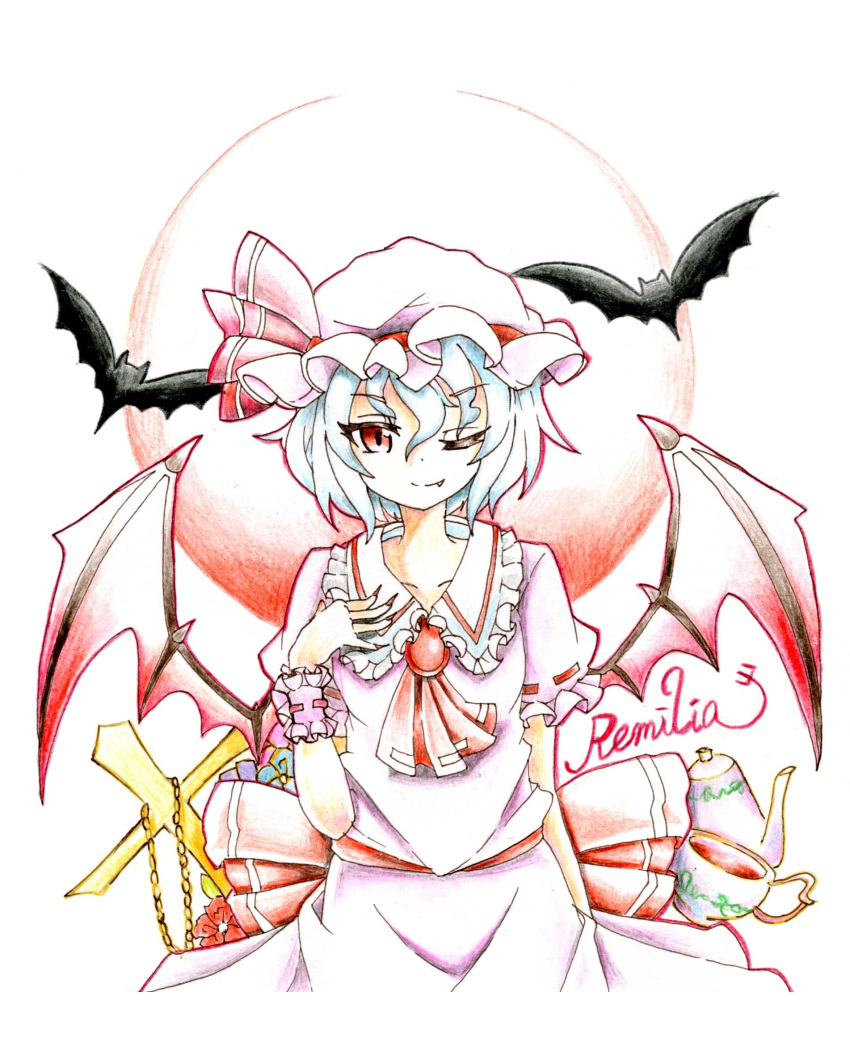1girl ascot bat bat_wings bow character_name collarbone cross cup eyelashes fingernails flower full_moon goku_(acoloredpencil) hand_on_own_chest hat hat_ribbon highres looking_at_viewer moon nail_polish outline red_eyes remilia_scarlet ribbon sharp_fingernails short_hair short_sleeves smile solo teacup teapot touhou traditional_media white_background white_hair wings wink wrist_cuffs